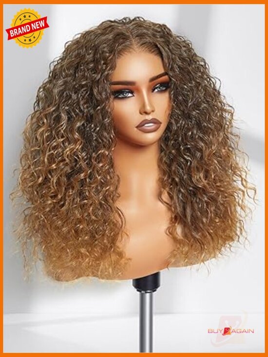 Ombre Brown Curly Lace Front Wig Glueless Pre Cut Middle Parted Highlight main image 3